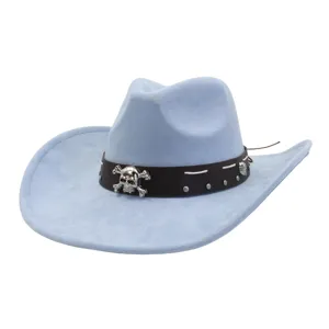 Light blue suede western cowboy hat detail, metal skull decor and leather band close up view.