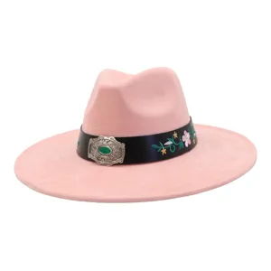 Pink suede fedora hat for men and women, wide brim jazz hat with floral embroidery and buckle.