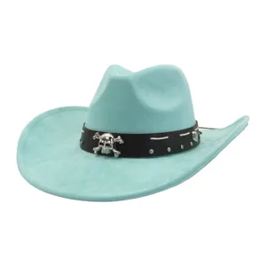 Turquoise suede cowboy hat with black leather belt and skull metal decor for men women.