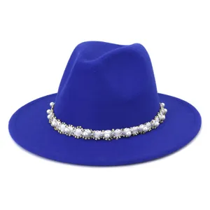 Blue wool fedora hat with elegant pearl and crystal trim band detail, perfect for autumn.