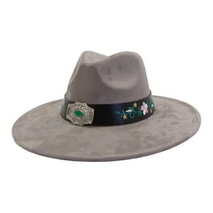 Grey suede fedora hat for men and women, featuring embroidery band and vintage buckle.