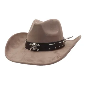 Detailed view of a vintage suede cowboy hat with skull metal band, unisex fashion jazz cap.