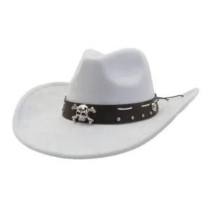 Grey suede cowboy hat detail, showcasing metal skull emblem and studded leather band features.