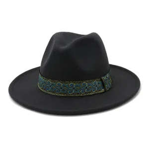 Zwarte wollen fedora hoed met blauw gouden patroon band klassieke jazz hoed voor man vrouw