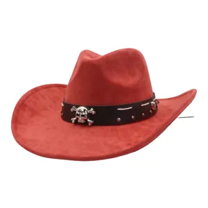 Red faux suede cowboy hat detail showing skull decor and wide brim design for men and women.