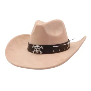 Detail view of khaki suede cowboy hat with metal skull decor and brown leather band.