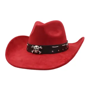 Red suede cowboy hat featuring a black belt, silver skull detail, wide brim jazz hat style.