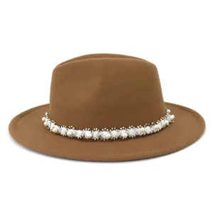 Brown wool fedora hat for women with pearl beaded band. Stylish autumn winter hat.