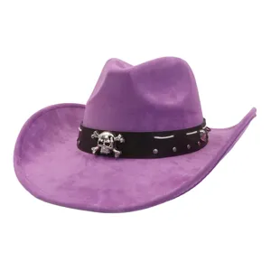 Purple suede cowboy hat with metal skull band, wide brim vintage jazz hat for adults.