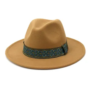 Kameel wol fedora hoed met blauwe patroon lint, platte brede rand koppel jazz hoed