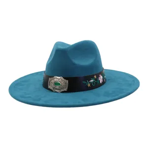 Blue suede fedora hat with embroidered leather band and vintage metal buckle for men and women