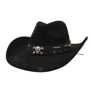 Detail view of a black western cowboy hat featuring a dark leather band and metal skull accent.