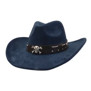 Blue faux suede cowboy hat with brown leather band, vintage skull metal rivet jazz cap for men.