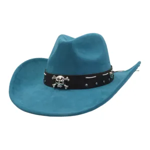 Blue faux suede cowboy hat detail showing black band, metal studs and skull emblem.