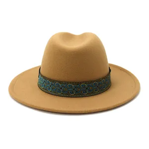 Klassieke kameel wol fedora hoed met blauw patroon brede platte rand jazz hoed voor dames en heren