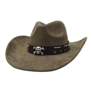Detailed view of brown suede cowboy hat with leather band and metal skull accent, vintage style.