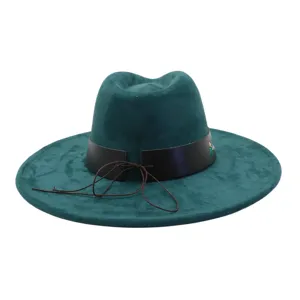 Unisex dark green suede flat brim fedora hat with leather strap vintage jazz cap for adults