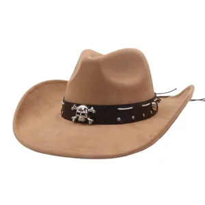 Close-up detail of the retro suede cowboy hat with dark leather skull band and metal studs.