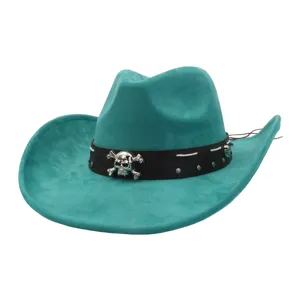Teal suede cowboy hat detail, black leather band with silver skull emblem, wide brim.