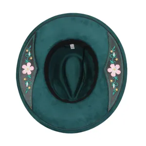 Dark green suede flat brim jazz hat with exquisite floral embroidery and wide brim style.