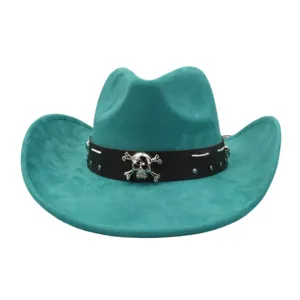 Teal suede cowboy hat detail featuring a black leather band and metal skull accent.