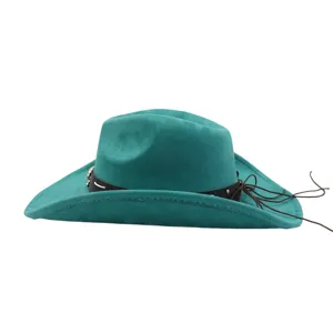 Turquoise suede cowboy hat with black leather band and tassel string detail for men and women.