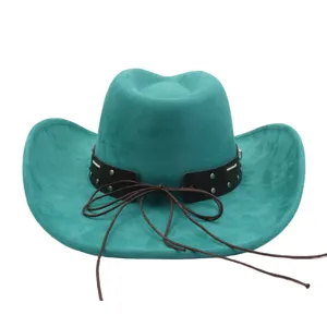Close-up detail of the turquoise suede cowboy hat showing its black studded band and bow.