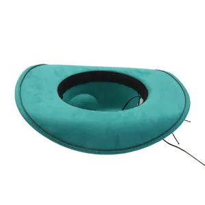 Teal suede western cowboy hat, wide brim jazz cap with black trim and chin strap for summer.