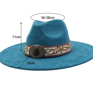 Blue felt fedora hat with ethnic embroidered band and large vintage buckle for autumn winter.