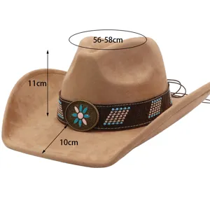 Detail view of the wide-brim suede cowboy hat, featuring ethnic band and metal flower buckle.
