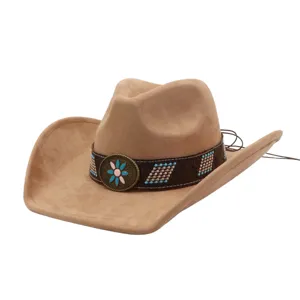 Western suede cowboy hat detail, ethnic patterned band with metal flower concho and beads.