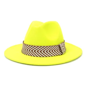 Neon gele fedora hoed voor dames en heren, stijlvolle wollen vilt jazz hoed met geweven band.