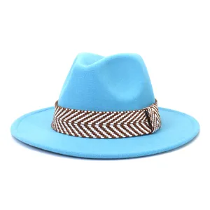 Blauwe fedora hoed voor heren en dames, klassieke vilten hoed met platte rand en band.