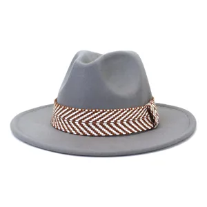 Grijs wollen fedora hoed voor heren en dames, klassieke platte brede rand jazzhoed met band.