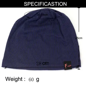 Detailed view of dark blue ribbed beanie hat, cozy knit pullover design with spec labels.