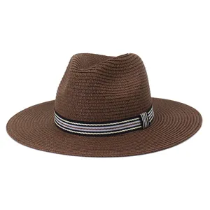 Unisex bruine strohoed fedora, zomer strand zonbescherming zonnehoed met gestreepte band.