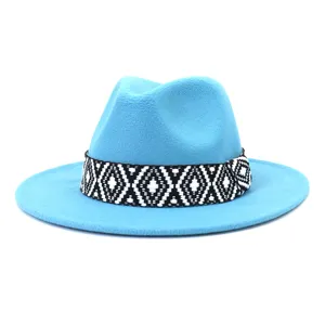 Sombrero fedora de fieltro de lana azul hombre mujer, sombrero jazz ala ancha.