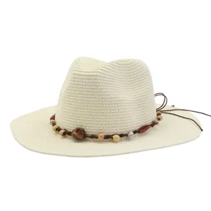 Unisex Summer Straw Sun Hat Wide Brim Panama Hat With Beaded Rope Beach Outdoor Hat