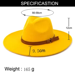 Vue détaillée du chapeau fedora en feutre de laine à large bord jaune avec ceinture, 56-58cm.
