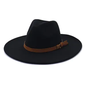 Chapeau fedora noir a large bord avec ceinture marron, chapeau de jazz en laine pour automne hiver.