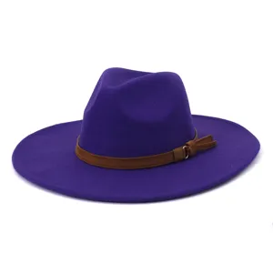 Chapeau fedora en laine violette élégant, large bord automne hiver pour homme femme.