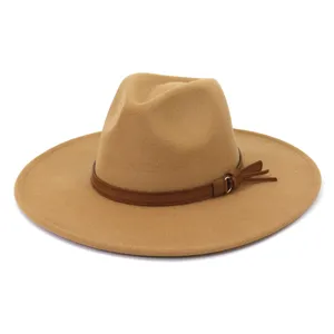 Chapeau fedora large bord en laine camel femme homme automne hiver jazz casquette detail.