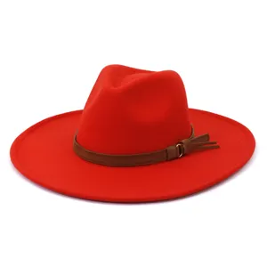Chapeau fedora en feutre de laine rouge à large bord avec lanière marron, chapeau d'hiver.