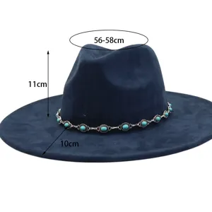 Wide brim wool suede fedora jazz hat with turquoise chain, ethnic style hat for women.