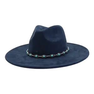 Navy blue wide brim jazz hat with turquoise beaded metal chain band for women and men.