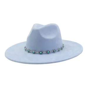 Light blue wide brim fedora hat with turquoise chain detail, stylish ethnic suede jazz cap.