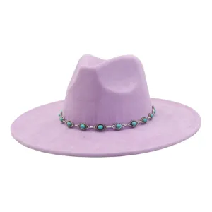 Purple suede wide brim fedora hat with turquoise chain band for women vintage jazz hat