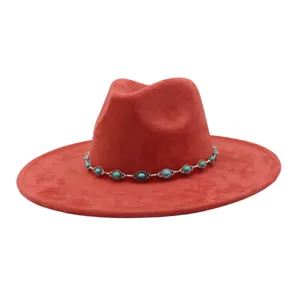 Red suede wide brim jazz fedora hat featuring a vintage silver turquoise beaded hatband style.