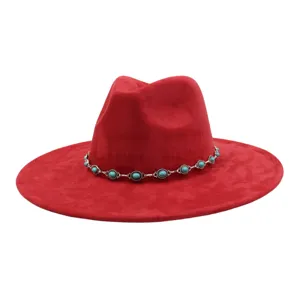 Red suede fedora hat detail featuring a stylish silver turquoise chain band for women.