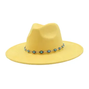 Yellow suede fedora hat with turquoise chain, wide flat brim bohemian jazz hat for women.